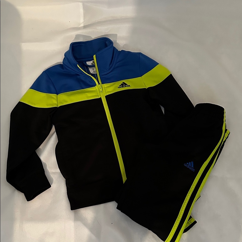 Adidas Toddler Black and Blue Tracksuit with Neon Yellow